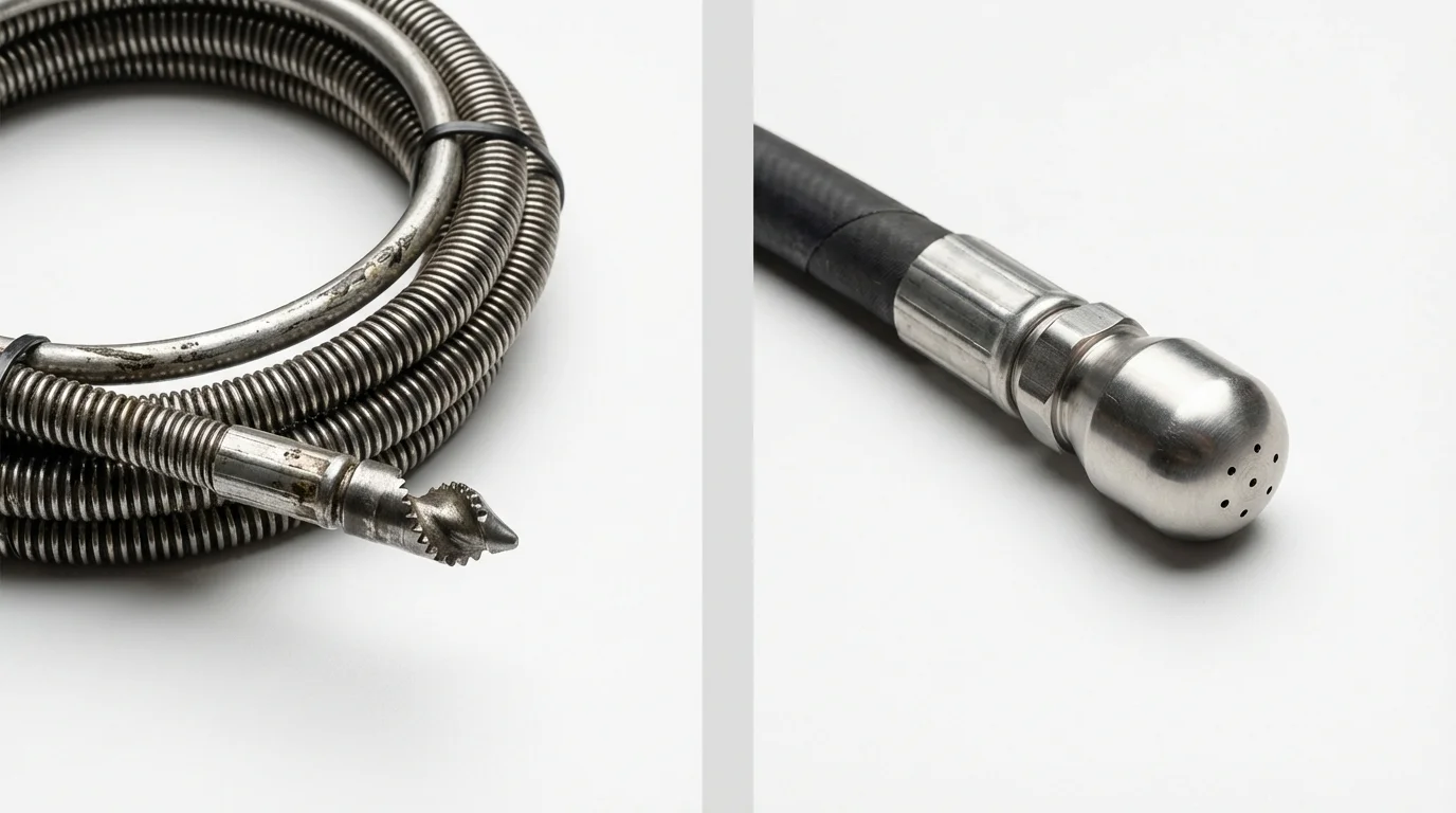 Drain snake cable and hydro jetting nozzle used for drain cleaning in Bohemia, NY