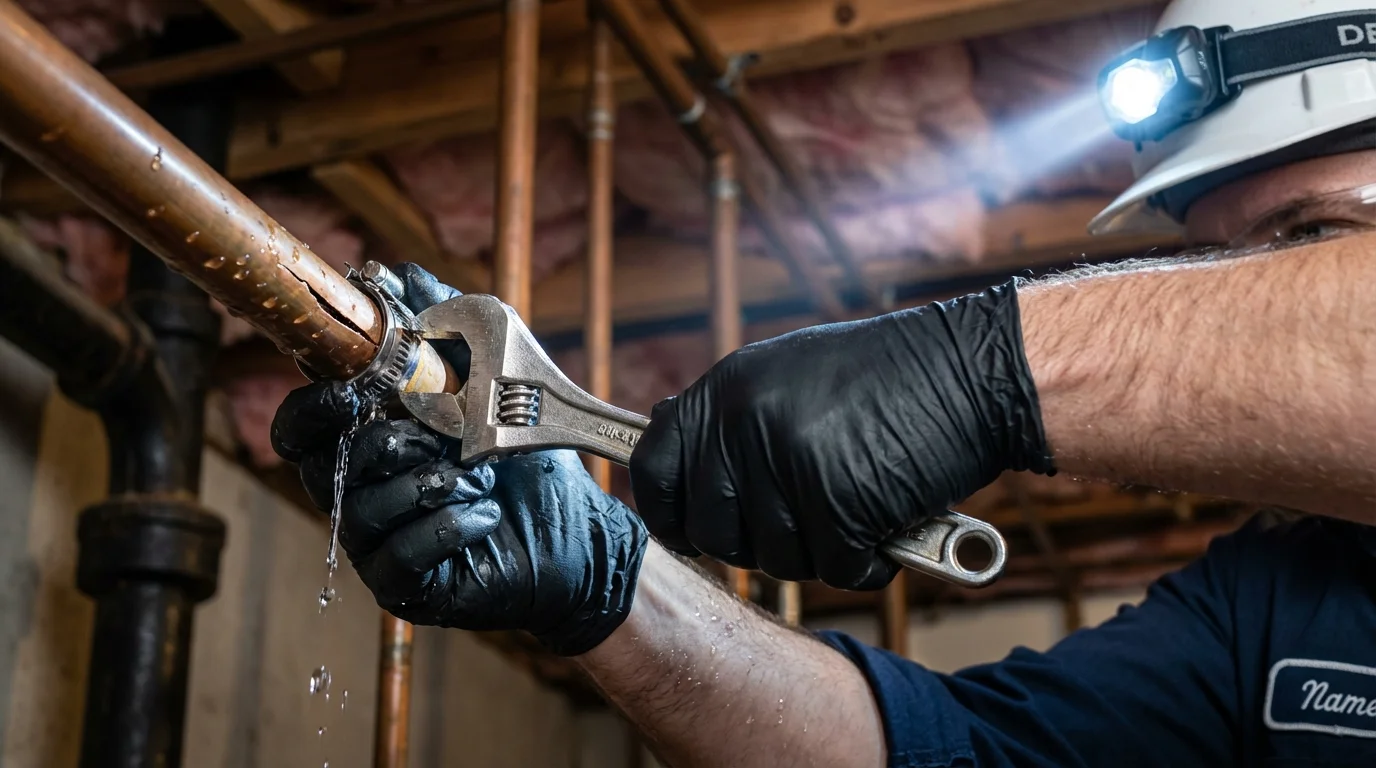 Emergency pipe clamp repair being performed by a Johns Plumbing LLC plumber in Bohemia